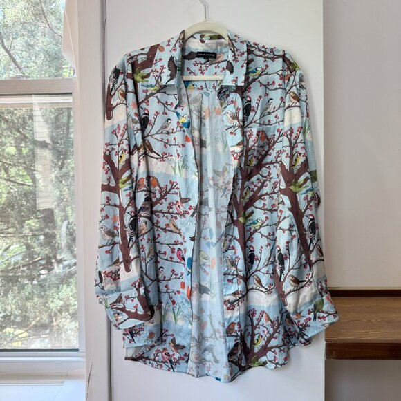 NWT Karen Mabon Winter Birds Satin Pajama Set Button Down Top + Pants Large - Picture 5 of 14